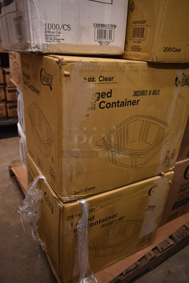PALLET LOT of 22 BRAND NEW! Boxes Including 2 Box 127CH32F Choice 32 oz. Clear RPET Tall Hinged Deli Container with Domed Lid - 200/Case, 3 Box 130HBKCUTFW Visions Individually Wrapped Black Heavy Weight Plastic Fork - 1000/Case, 127CH24 Choice 24 oz. Clear RPET Hinged Deli Container - 200/Case, 2 Box 128HD12COMBO ChoiceHD 12 oz. Microwavable Translucent Plastic Deli Container and Lid Combo Pack - 240/Case, 395TO991 Ecochoice 9x9x3" Compostable Sugarcane/ Bagasse 1, 612P509S Choice 9" Clear Round Plastic Dome Lid - 500/Case. 22 Times Your Bid!  - Image 2 of 8