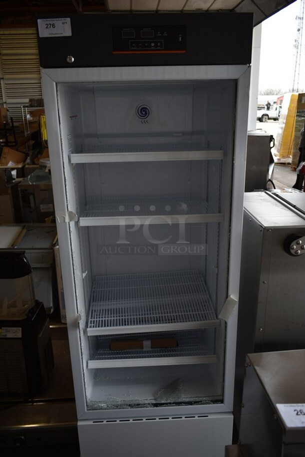 BRAND NEW SCRATCH AND DENT! 2023 KoolMore KM-PHR-15C Metal Commercial Single Door Reach In Cooler Merchandiser. See Pictures For Broken Door Glass. 115 Volts, 1 Phase.  Cannot Test - Alarm Sounds.  - Image 1 of 9