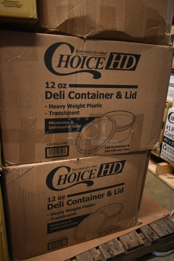 PALLET LOT of 22 BRAND NEW! Boxes Including 2 Box 127CH32F Choice 32 oz. Clear RPET Tall Hinged Deli Container with Domed Lid - 200/Case, 3 Box 130HBKCUTFW Visions Individually Wrapped Black Heavy Weight Plastic Fork - 1000/Case, 127CH24 Choice 24 oz. Clear RPET Hinged Deli Container - 200/Case, 2 Box 128HD12COMBO ChoiceHD 12 oz. Microwavable Translucent Plastic Deli Container and Lid Combo Pack - 240/Case, 395TO991 Ecochoice 9x9x3" Compostable Sugarcane/ Bagasse 1, 612P509S Choice 9" Clear Round Plastic Dome Lid - 500/Case. 22 Times Your Bid!  - Image 4 of 8