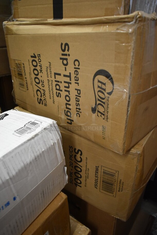 PALLET LOT of 34 BRAND NEW! Boxes Including 395RP09 EcoChoice Compostable Sugarcane / Bagasse 9" Plate - 500/Case, 130HBKCUTFW Visions Individually Wrapped Black Heavy Weight Plastic Fork - 1000/Case, 130HCLCUTFW Visions Individually Wrapped Clear Heavy Weight Plastic Fork - 1000/Case, 502386022BLK Lavex 55-60 Gallon 22 Micron 38" x 60" High Density Black Janitorial Can Liner / Trash Bag, Fryclone Filter Machine, 2 Box Fineline Platter Pleasers 3405-CL Disposable 35 oz. Clear Plastic Carafe with Lid, 21435CLRHPAM Cambro 35CLRHP150 H-Pan™ 1/3 Size Amber High Heat Plastic Colander Pan - 5" Deep, 2 Box 500LSTRWL Choice 9, 12, 16, 20, and 24 oz. Clear Strawless / Sip Lid - 1000/Case, 129MCS24B Choice 24 oz. Black Rectangular Microwavable Heavy Weight Container with Lid 8" x 5 1/4" x 2" - 150/Case, 2 Metal Fry Baskets, 17" Pad Holder Brush, 806DISCNP17. 34 Times Your Bid! - Image 10 of 12