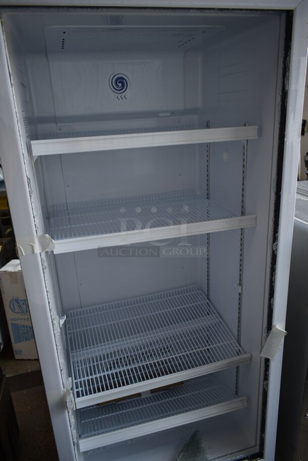 BRAND NEW SCRATCH AND DENT! 2023 KoolMore KM-PHR-15C Metal Commercial Single Door Reach In Cooler Merchandiser. See Pictures For Broken Door Glass. 115 Volts, 1 Phase.  Cannot Test - Alarm Sounds.  - Image 3 of 9