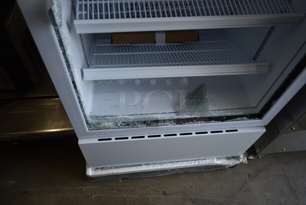 BRAND NEW SCRATCH AND DENT! 2023 KoolMore KM-PHR-15C Metal Commercial Single Door Reach In Cooler Merchandiser. See Pictures For Broken Door Glass. 115 Volts, 1 Phase.  Cannot Test - Alarm Sounds.  - Image 4 of 9