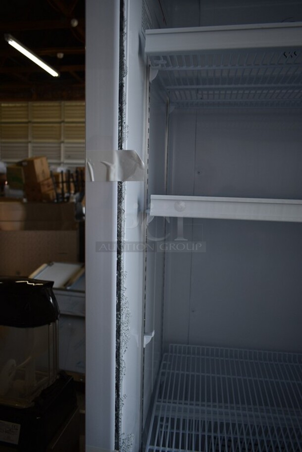 BRAND NEW SCRATCH AND DENT! 2023 KoolMore KM-PHR-15C Metal Commercial Single Door Reach In Cooler Merchandiser. See Pictures For Broken Door Glass. 115 Volts, 1 Phase.  Cannot Test - Alarm Sounds.  - Image 5 of 9