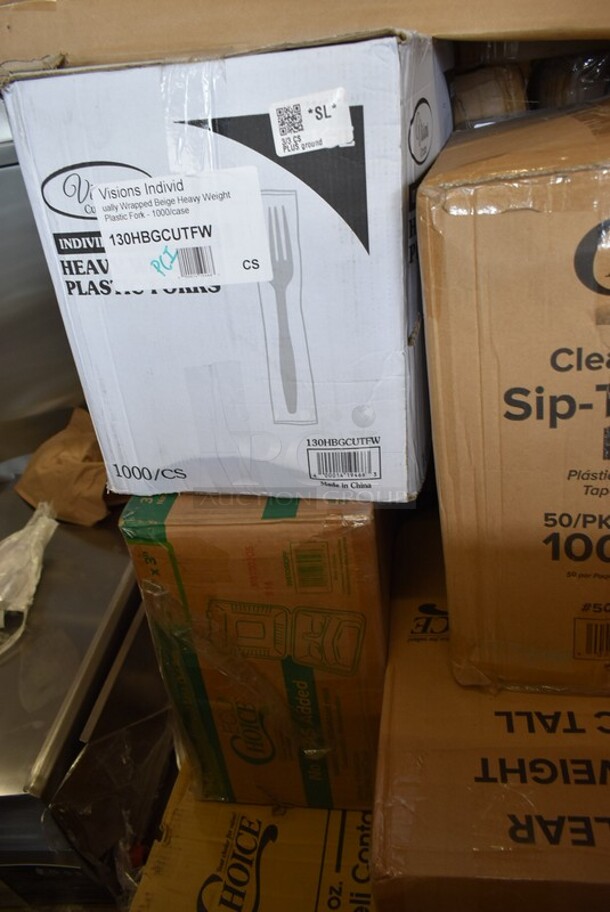 PALLET LOT of 17 BRAND NEW! Boxes Including 130HBGCUTFW Visions Individually Wrapped Beige Heavy Weight Plastic Fork - 1000/Case, 2 Box 500CC32THD Choice HD 32 oz. Tall Heavy Weight Clear PET Plastic Cold Cup - 300/Case, 130HBGCUTFW Visions Individually Wrapped Beige Heavy Weight Plastic Fork - 1000/Case, 3  Box 500CC9 Choice 9 oz. Clear PET Customizable Plastic Squat Cold Cup - 1000/Case, 795PTOKFT4 Choice Kraft Microwavable Folded Paper #4 Take-Out Container 7 7/8" x 5 1/2" x 3 1/2" - 160/Case, Choice 16 oz Deli Containers, 500LSTRWL Choice 9, 12, 16, 20, and 24 oz. Clear Strawless / Sip Lid - 1000/Case, HPM234959 Ignition Module, 50016DWALLC Choice 16 oz. Coffee Break Print Smooth Double Wall Paper Hot Cup - 500/Case. 17 Times Your Bid! - Image 2 of 10