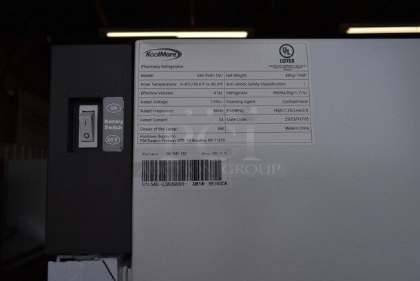 BRAND NEW SCRATCH AND DENT! 2023 KoolMore KM-PHR-15C Metal Commercial Single Door Reach In Cooler Merchandiser. See Pictures For Broken Door Glass. 115 Volts, 1 Phase.  Cannot Test - Alarm Sounds.  - Image 9 of 9