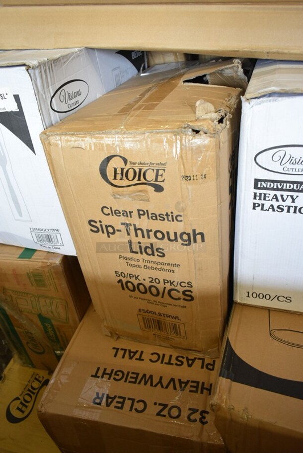 PALLET LOT of 17 BRAND NEW! Boxes Including 130HBGCUTFW Visions Individually Wrapped Beige Heavy Weight Plastic Fork - 1000/Case, 2 Box 500CC32THD Choice HD 32 oz. Tall Heavy Weight Clear PET Plastic Cold Cup - 300/Case, 130HBGCUTFW Visions Individually Wrapped Beige Heavy Weight Plastic Fork - 1000/Case, 3  Box 500CC9 Choice 9 oz. Clear PET Customizable Plastic Squat Cold Cup - 1000/Case, 795PTOKFT4 Choice Kraft Microwavable Folded Paper #4 Take-Out Container 7 7/8" x 5 1/2" x 3 1/2" - 160/Case, Choice 16 oz Deli Containers, 500LSTRWL Choice 9, 12, 16, 20, and 24 oz. Clear Strawless / Sip Lid - 1000/Case, HPM234959 Ignition Module, 50016DWALLC Choice 16 oz. Coffee Break Print Smooth Double Wall Paper Hot Cup - 500/Case. 17 Times Your Bid! - Image 4 of 10