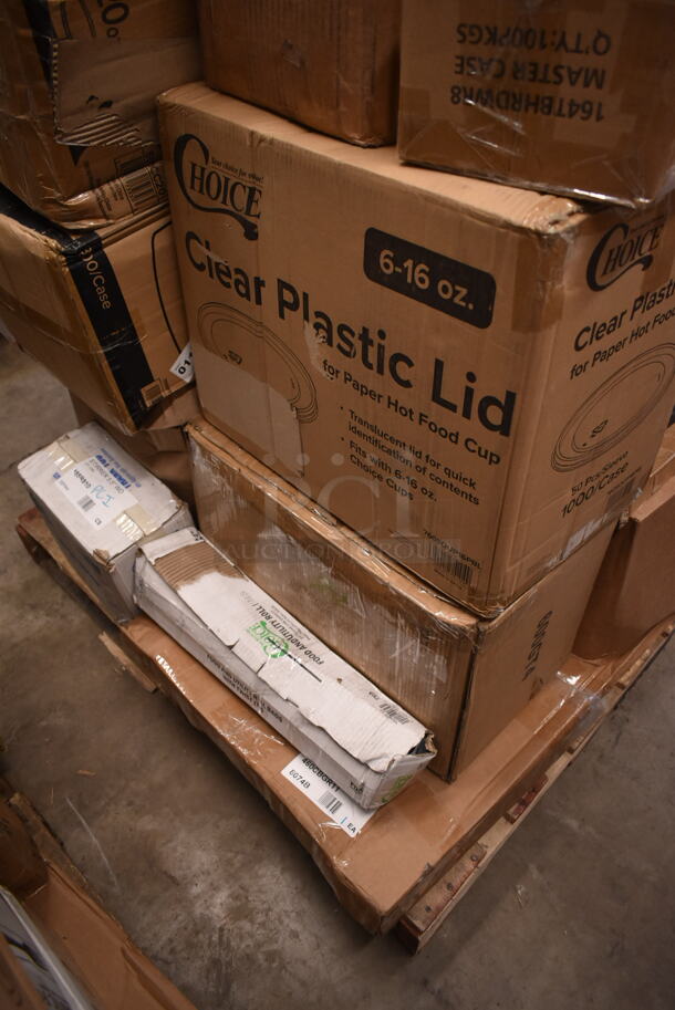 PALLET LOT of 26 BRAND NEW! Boxes Including 2 Box 395TO553PR EcoChoice Containers, 2 Box 500L1020W Choice White Hot Paper Cup Travel Lid for 10-24 oz. Standard Cups and 8 oz. Squat Cups - 1000/Case, Dart 95HT1R 9 1/2" x 9" x 3" White Foam Square Take Out Container with Hinged Lid - 200/Case, Choice 4 ox Take out Containers, 795KFT32RNPE Choice 32 oz. Round Kraft PE-Lined Microwavable Take-Out Container 5 15/16" x 3" - 300/Case, Royal Paper R810 5 1/2" Eco-Friendly Wood Coffee Stirrer - 10000/Case, 267810006 Acopa Phoenix 7 5/16" 18/0 Stainless Steel Forged Salad / Dessert Fork - 12/Pack, 5105EF0001 Equip by T&S 5EF-0001 Replacement Electronic Faucet White Control Module, 760SOUP16 EcoChoice 16 oz. Kraft Paper Food Cup with Vented Lid - 250/Case, 600GT4 Grease Trap. 26 Times Your Bid!  - Image 10 of 11