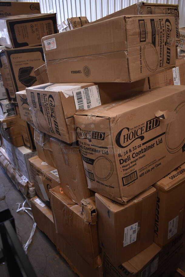 PALLET LOT of 27 BRAND NEW! Boxes Including 2 Box 128HDLDBULK ChoiceHD Microwavable Translucent Plastic Deli Container Lid - 480/Case, 922V78710 Vollrath 78710 1.25 Qt. Stainless Steel Bain Marie Pot, 600DI1995 Regency 9" x 9" x 5" 18-Gauge Stainless Steel One Compartment Drop-In Sink with 3 1/2" Gooseneck Faucet, REgency 600DW11 11" Ice Cream Dipper Well and Faucet Set, 427FCRVINWHT Lancaster Table & Seating White Resin Folding Chair with Vinyl Seat, Tuxton GZP-800 TuxTrendz 14 5/8" x 8 5/8" Bright White Stackable China Taco Plate - 6/Case, 105RR13040 Point Plus 3 1/8" x 230' Thermal Cash Register POS Paper Roll Tape - 50/Case, 627MFNMINI Fat Daddio's MFN-MINI ProSeries 24 Cup 1.5 oz. Anodized Aluminum Mini Muffin / Cupcake Pan - 17" x 11 1/2". 27 Times Your Bid!  - Image 1 of 11