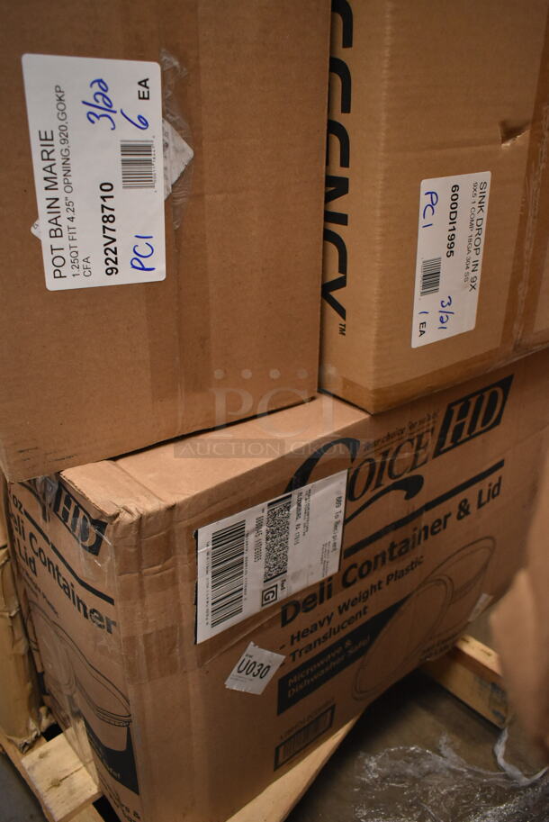 PALLET LOT of 27 BRAND NEW! Boxes Including 2 Box 128HDLDBULK ChoiceHD Microwavable Translucent Plastic Deli Container Lid - 480/Case, 922V78710 Vollrath 78710 1.25 Qt. Stainless Steel Bain Marie Pot, 600DI1995 Regency 9" x 9" x 5" 18-Gauge Stainless Steel One Compartment Drop-In Sink with 3 1/2" Gooseneck Faucet, REgency 600DW11 11" Ice Cream Dipper Well and Faucet Set, 427FCRVINWHT Lancaster Table & Seating White Resin Folding Chair with Vinyl Seat, Tuxton GZP-800 TuxTrendz 14 5/8" x 8 5/8" Bright White Stackable China Taco Plate - 6/Case, 105RR13040 Point Plus 3 1/8" x 230' Thermal Cash Register POS Paper Roll Tape - 50/Case, 627MFNMINI Fat Daddio's MFN-MINI ProSeries 24 Cup 1.5 oz. Anodized Aluminum Mini Muffin / Cupcake Pan - 17" x 11 1/2". 27 Times Your Bid!  - Image 3 of 11