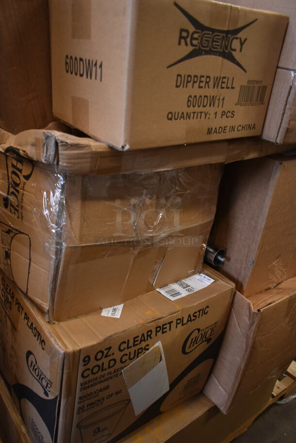 PALLET LOT of 27 BRAND NEW! Boxes Including 2 Box 128HDLDBULK ChoiceHD Microwavable Translucent Plastic Deli Container Lid - 480/Case, 922V78710 Vollrath 78710 1.25 Qt. Stainless Steel Bain Marie Pot, 600DI1995 Regency 9" x 9" x 5" 18-Gauge Stainless Steel One Compartment Drop-In Sink with 3 1/2" Gooseneck Faucet, REgency 600DW11 11" Ice Cream Dipper Well and Faucet Set, 427FCRVINWHT Lancaster Table & Seating White Resin Folding Chair with Vinyl Seat, Tuxton GZP-800 TuxTrendz 14 5/8" x 8 5/8" Bright White Stackable China Taco Plate - 6/Case, 105RR13040 Point Plus 3 1/8" x 230' Thermal Cash Register POS Paper Roll Tape - 50/Case, 627MFNMINI Fat Daddio's MFN-MINI ProSeries 24 Cup 1.5 oz. Anodized Aluminum Mini Muffin / Cupcake Pan - 17" x 11 1/2". 27 Times Your Bid!  - Image 4 of 11