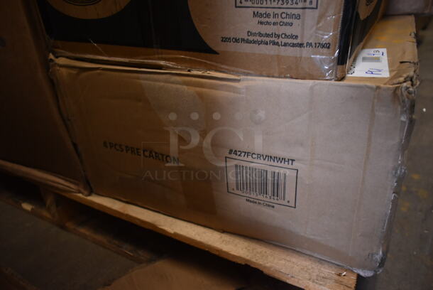 PALLET LOT of 27 BRAND NEW! Boxes Including 2 Box 128HDLDBULK ChoiceHD Microwavable Translucent Plastic Deli Container Lid - 480/Case, 922V78710 Vollrath 78710 1.25 Qt. Stainless Steel Bain Marie Pot, 600DI1995 Regency 9" x 9" x 5" 18-Gauge Stainless Steel One Compartment Drop-In Sink with 3 1/2" Gooseneck Faucet, REgency 600DW11 11" Ice Cream Dipper Well and Faucet Set, 427FCRVINWHT Lancaster Table & Seating White Resin Folding Chair with Vinyl Seat, Tuxton GZP-800 TuxTrendz 14 5/8" x 8 5/8" Bright White Stackable China Taco Plate - 6/Case, 105RR13040 Point Plus 3 1/8" x 230' Thermal Cash Register POS Paper Roll Tape - 50/Case, 627MFNMINI Fat Daddio's MFN-MINI ProSeries 24 Cup 1.5 oz. Anodized Aluminum Mini Muffin / Cupcake Pan - 17" x 11 1/2". 27 Times Your Bid!  - Image 5 of 11