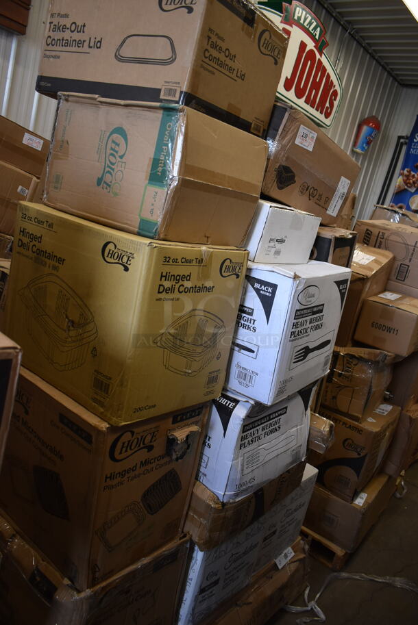 PALLET LOT of 29 BRAND NEW! Boxes Including 795KFTL32SPE Choice 16-32 oz. Rectangular PET Take-Out Lid - 300/Case, 395OP10 EcoChoice Compostable Sugarcane / Bagasse 7 1/2" x 10" Oval Platter - 500/Case, 127CH32F Choice 32 oz. Clear RPET Tall Hinged Deli Container with Domed Lid - 200/Case, 500TO883 Choice Microwaveable 1- Compartment, 500TW7 Choice 7 oz. Translucent Thin Wall Plastic Cold Cup - 2500/Case, Regency Wood Cutting Board, 2 Box 5005DNAPFLTE Choice Touchstone White Linen-Feel Flat-, 130HCUTFWR Visions Individually Wrapped White Heavy Weight Plastic Fork - 1000/Case, 500CC32P Choice Clear PET Plastic Cold Cup - 32oz, 164TCOLROD25 Lancaster Table & Seating 25 3/16" Standard Height Table Base Column and Rod, PP993-BK Containers, 2 Box 129MCR24B Choice 24 oz. Black Round Microwavable Heavy Weight Container with Lid 7 1/4" - 150/Case, 612527L Choice 7" Round Foil-Laminated Board Lid - 500/Case, 2 Box 500CC20 Choice HD 20 oz. Heavy Weight Clear PET Plastic Cold Cup - 600/Case, Gen Hardwound Roll Towels. 29 Times Your Bid!  - Image 1 of 12