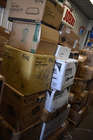 PALLET LOT of 29 BRAND NEW! Boxes Including 795KFTL32SPE Choice 16-32 oz. Rectangular PET Take-Out Lid - 300/Case, 395OP10 EcoChoice Compostable Sugarcane / Bagasse 7 1/2" x 10" Oval Platter - 500/Case, 127CH32F Choice 32 oz. Clear RPET Tall Hinged Deli Container with Domed Lid - 200/Case, 500TO883 Choice Microwaveable 1- Compartment, 500TW7 Choice 7 oz. Translucent Thin Wall Plastic Cold Cup - 2500/Case, Regency Wood Cutting Board, 2 Box 5005DNAPFLTE Choice Touchstone White Linen-Feel Flat-, 130HCUTFWR Visions Individually Wrapped White Heavy Weight Plastic Fork - 1000/Case, 500CC32P Choice Clear PET Plastic Cold Cup - 32oz, 164TCOLROD25 Lancaster Table & Seating 25 3/16" Standard Height Table Base Column and Rod, PP993-BK Containers, 2 Box 129MCR24B Choice 24 oz. Black Round Microwavable Heavy Weight Container with Lid 7 1/4" - 150/Case, 612527L Choice 7" Round Foil-Laminated Board Lid - 500/Case, 2 Box 500CC20 Choice HD 20 oz. Heavy Weight Clear PET Plastic Cold Cup - 600/Case, Gen Hardwound Roll Towels. 29 Times Your Bid! 