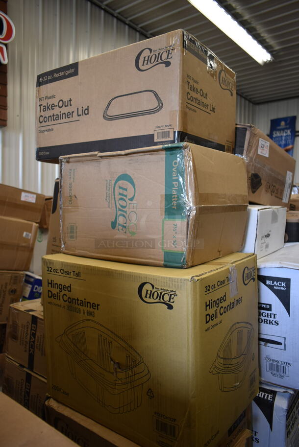 PALLET LOT of 29 BRAND NEW! Boxes Including 795KFTL32SPE Choice 16-32 oz. Rectangular PET Take-Out Lid - 300/Case, 395OP10 EcoChoice Compostable Sugarcane / Bagasse 7 1/2" x 10" Oval Platter - 500/Case, 127CH32F Choice 32 oz. Clear RPET Tall Hinged Deli Container with Domed Lid - 200/Case, 500TO883 Choice Microwaveable 1- Compartment, 500TW7 Choice 7 oz. Translucent Thin Wall Plastic Cold Cup - 2500/Case, Regency Wood Cutting Board, 2 Box 5005DNAPFLTE Choice Touchstone White Linen-Feel Flat-, 130HCUTFWR Visions Individually Wrapped White Heavy Weight Plastic Fork - 1000/Case, 500CC32P Choice Clear PET Plastic Cold Cup - 32oz, 164TCOLROD25 Lancaster Table & Seating 25 3/16" Standard Height Table Base Column and Rod, PP993-BK Containers, 2 Box 129MCR24B Choice 24 oz. Black Round Microwavable Heavy Weight Container with Lid 7 1/4" - 150/Case, 612527L Choice 7" Round Foil-Laminated Board Lid - 500/Case, 2 Box 500CC20 Choice HD 20 oz. Heavy Weight Clear PET Plastic Cold Cup - 600/Case, Gen Hardwound Roll Towels. 29 Times Your Bid!  - Image 2 of 12