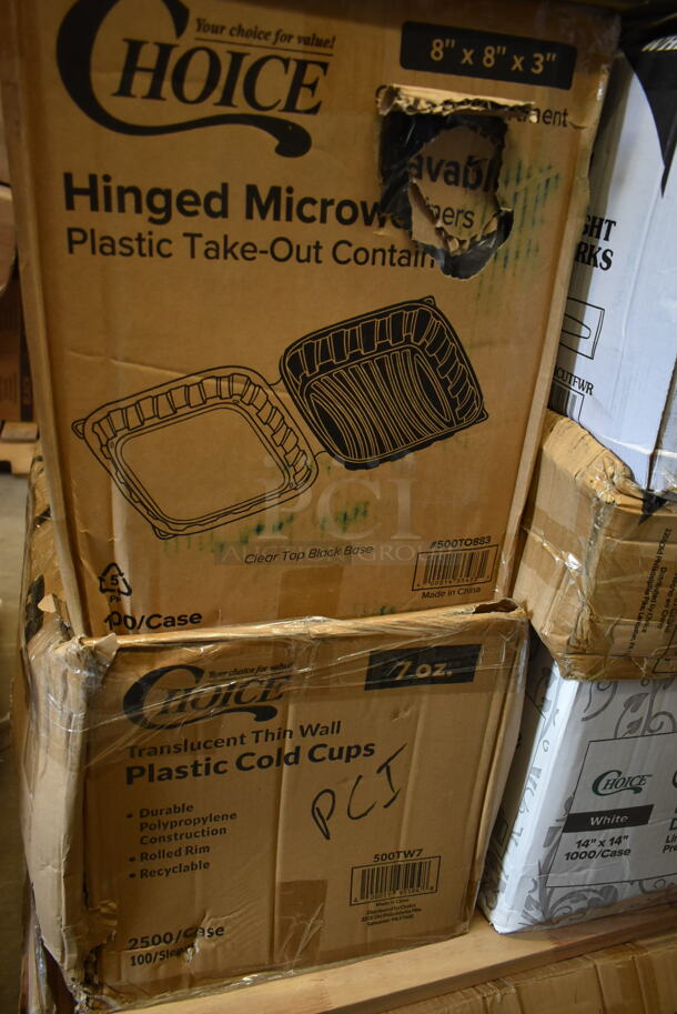 PALLET LOT of 29 BRAND NEW! Boxes Including 795KFTL32SPE Choice 16-32 oz. Rectangular PET Take-Out Lid - 300/Case, 395OP10 EcoChoice Compostable Sugarcane / Bagasse 7 1/2" x 10" Oval Platter - 500/Case, 127CH32F Choice 32 oz. Clear RPET Tall Hinged Deli Container with Domed Lid - 200/Case, 500TO883 Choice Microwaveable 1- Compartment, 500TW7 Choice 7 oz. Translucent Thin Wall Plastic Cold Cup - 2500/Case, Regency Wood Cutting Board, 2 Box 5005DNAPFLTE Choice Touchstone White Linen-Feel Flat-, 130HCUTFWR Visions Individually Wrapped White Heavy Weight Plastic Fork - 1000/Case, 500CC32P Choice Clear PET Plastic Cold Cup - 32oz, 164TCOLROD25 Lancaster Table & Seating 25 3/16" Standard Height Table Base Column and Rod, PP993-BK Containers, 2 Box 129MCR24B Choice 24 oz. Black Round Microwavable Heavy Weight Container with Lid 7 1/4" - 150/Case, 612527L Choice 7" Round Foil-Laminated Board Lid - 500/Case, 2 Box 500CC20 Choice HD 20 oz. Heavy Weight Clear PET Plastic Cold Cup - 600/Case, Gen Hardwound Roll Towels. 29 Times Your Bid!  - Image 3 of 12