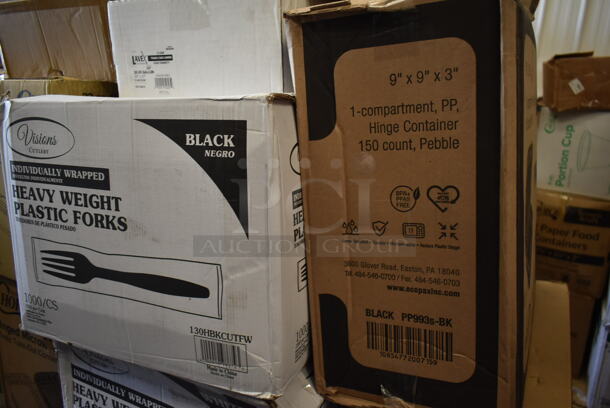 PALLET LOT of 29 BRAND NEW! Boxes Including 795KFTL32SPE Choice 16-32 oz. Rectangular PET Take-Out Lid - 300/Case, 395OP10 EcoChoice Compostable Sugarcane / Bagasse 7 1/2" x 10" Oval Platter - 500/Case, 127CH32F Choice 32 oz. Clear RPET Tall Hinged Deli Container with Domed Lid - 200/Case, 500TO883 Choice Microwaveable 1- Compartment, 500TW7 Choice 7 oz. Translucent Thin Wall Plastic Cold Cup - 2500/Case, Regency Wood Cutting Board, 2 Box 5005DNAPFLTE Choice Touchstone White Linen-Feel Flat-, 130HCUTFWR Visions Individually Wrapped White Heavy Weight Plastic Fork - 1000/Case, 500CC32P Choice Clear PET Plastic Cold Cup - 32oz, 164TCOLROD25 Lancaster Table & Seating 25 3/16" Standard Height Table Base Column and Rod, PP993-BK Containers, 2 Box 129MCR24B Choice 24 oz. Black Round Microwavable Heavy Weight Container with Lid 7 1/4" - 150/Case, 612527L Choice 7" Round Foil-Laminated Board Lid - 500/Case, 2 Box 500CC20 Choice HD 20 oz. Heavy Weight Clear PET Plastic Cold Cup - 600/Case, Gen Hardwound Roll Towels. 29 Times Your Bid!  - Image 7 of 12