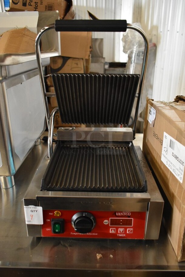 BRAND NEW SCRATCH AND DENT! 2023 Avantco 177PG100T Commercial Panini Sandwich Grill with Timer, Grooved Plates, and 8 1/2" x 8 1/2" Cooking Surface. 120 Volts, 1 Phase. Tested and Working! - Image 3 of 6