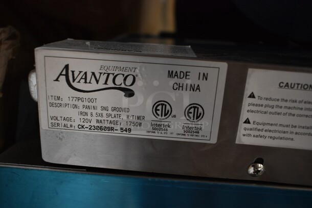 BRAND NEW SCRATCH AND DENT! 2023 Avantco 177PG100T Commercial Panini Sandwich Grill with Timer, Grooved Plates, and 8 1/2" x 8 1/2" Cooking Surface. 120 Volts, 1 Phase. Tested and Working! - Image 6 of 6