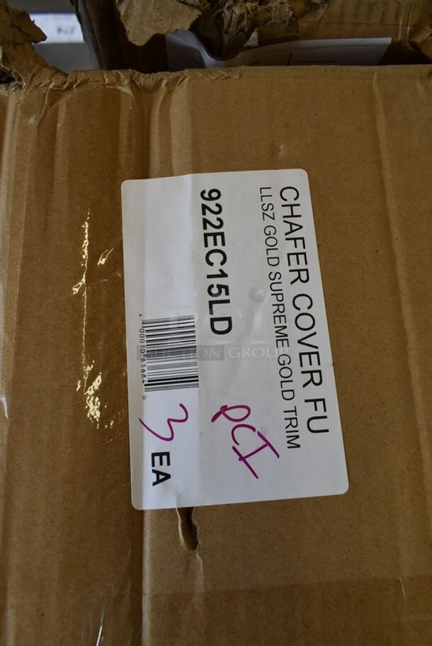 PALLET LOT OF 6 BRAND NEW SCRATCH AND DENT! Boxes of 3 Acopa 922EC15LD Acopa 8 Qt. Supreme Full Size Roll Top Gold Trim Chafer Cover. 6 Times Your Bid! - Image 3 of 4