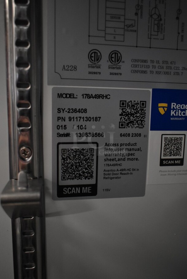 BRAND NEW SCRATCH AND DENT! 2023 Avantco 178A49RHC Stainless Steel Commercial 2 Door Reach In Cooler. 115 Volts, 1 Phase. Tested and Powers On But Does Not Get Cold
 - Image 8 of 8