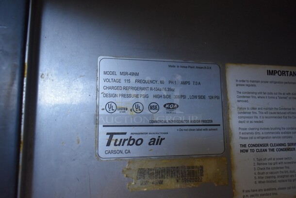 Turbo Air MSR-49NM Stainless Steel Commercial 2 Door Reach In Cooler w/ Poly Coated Racks on Commercial Casters. 115 Volts, 1 Phase. Cannot Test, Unit Trips Breaker - Image 5 of 5