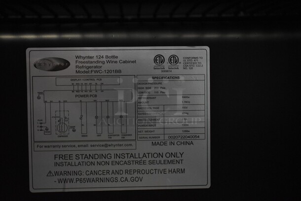 BRAND NEW SCRATCH AND DENT! Whynter FWC-1201BB Metal Freestanding 34 Bottle Wine Cooler Merchandiser w/ Touch Screen. 115 Volts, 1 Phase. Tested and Working! - Image 5 of 5