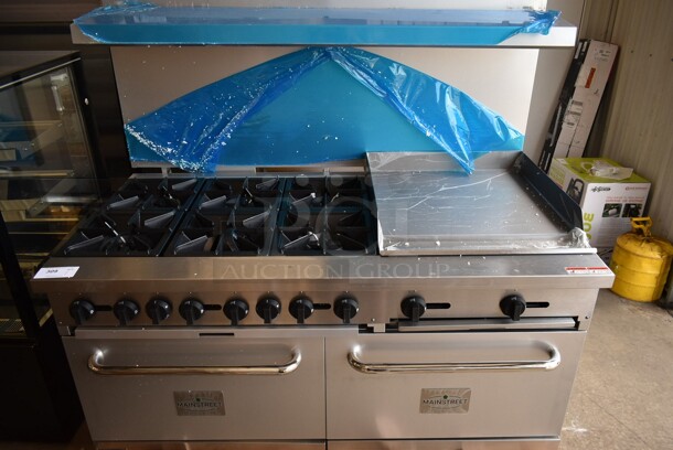 BRAND NEW SCRATCH AND DENT! 2023 Mainstreet 541E60G24N Stainless Steel Commercial Natural Gas Powered 6 Burner 60" Range with 24" Griddle and 2 Standard Ovens, Over Shelf and Back Splash. 280,000 BTU - Image 2 of 12