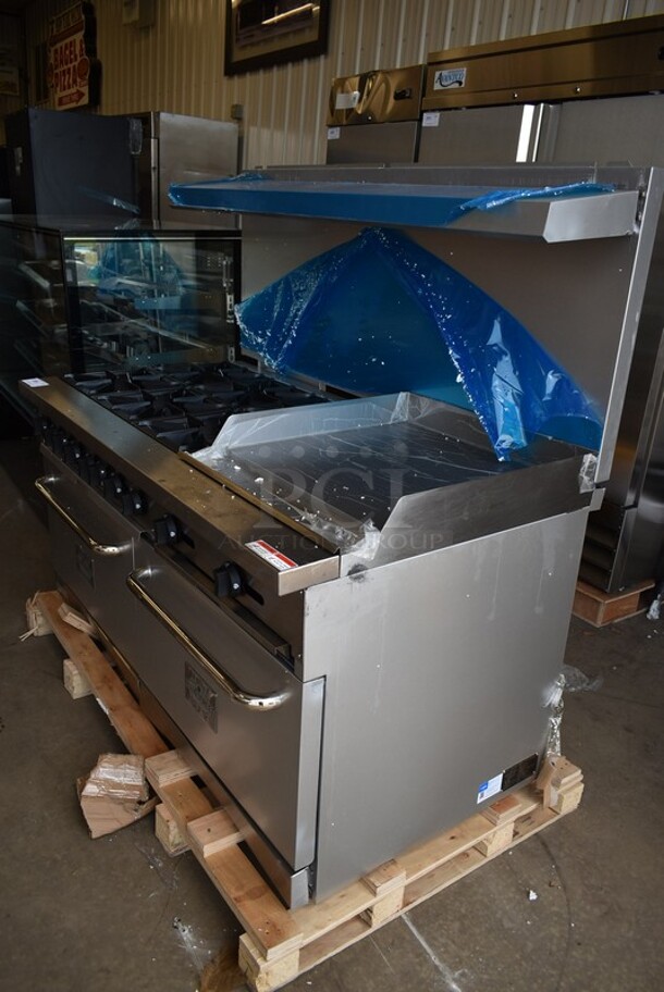 BRAND NEW SCRATCH AND DENT! 2023 Mainstreet 541E60G24N Stainless Steel Commercial Natural Gas Powered 6 Burner 60" Range with 24" Griddle and 2 Standard Ovens, Over Shelf and Back Splash. 280,000 BTU - Image 3 of 12
