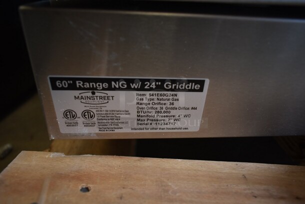 BRAND NEW SCRATCH AND DENT! 2023 Mainstreet 541E60G24N Stainless Steel Commercial Natural Gas Powered 6 Burner 60" Range with 24" Griddle and 2 Standard Ovens, Over Shelf and Back Splash. 280,000 BTU - Image 11 of 12