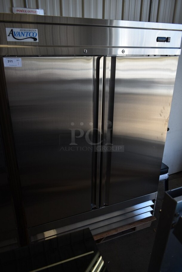 BRAND NEW SCRATCH AND DENT! Avantco 178SS2RHC Stainless Steel Commercial 2 Door Reach In Cooler w/ Poly Coated Racks on Commercial Casters. 115 Volts, 1 Phase. Tested and Working! - Image 2 of 7