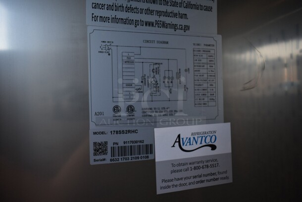 BRAND NEW SCRATCH AND DENT! Avantco 178SS2RHC Stainless Steel Commercial 2 Door Reach In Cooler w/ Poly Coated Racks on Commercial Casters. 115 Volts, 1 Phase. Tested and Working! - Image 7 of 7