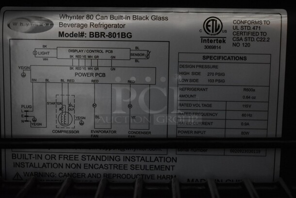 BRAND NEW SCRATCH AND DENT! Whynter BBR-801BG Metal 80 Can Built In Black Glass Beverage Cooler Merchandiser. 115 Volts, 1 Phase. Tested and Working! - Image 4 of 4