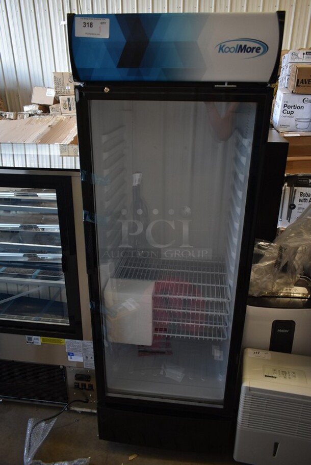 BRAND NEW SCRATCH AND DENT! KoolMore MDR-1GD-12C Metal Commercial Single Door Reach In Cooler Merchandiser w/ Poly Coated Racks. 115 Volts, 1 Phase. Tested and Working! - Image 2 of 7