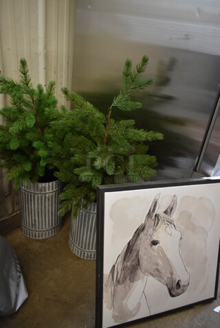 ALL ONE MONEY! Lot of Horse Picture and 2 Fake Plants. 