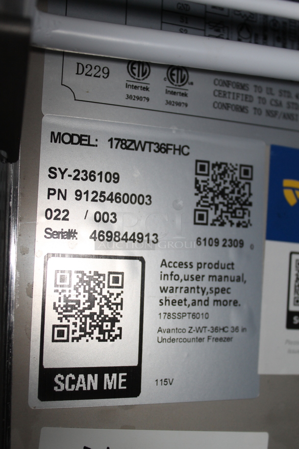 BRAND NEW SCRATCH AND DENT! 2023 Avantco 178ZWT36FHC Stainless Steel Commercial 2 Door Work Top Freezer w/ Back Splash. 115 Volts, 1 Phase. Tested and Working! - Image 5 of 6