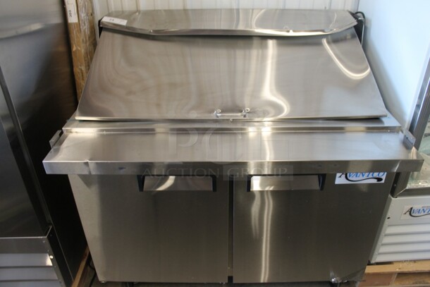BRAND NEW SCRATCH AND DENT! 2023 Avantco 178APT48MHC Stainless Steel Commercial Sandwich Salad Prep Table Bain Marie Mega Top on Commercial Casters. 115 Volts, 1 Phase. Tested and Working! - Image 2 of 8