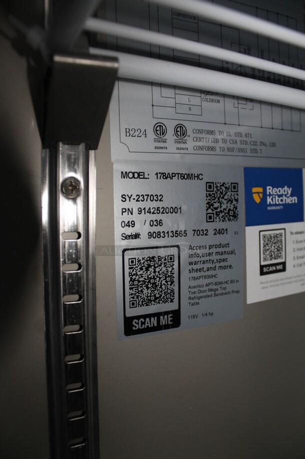 BRAND NEW SCRATCH AND DENT! 2024 Avantco 178APT60MHC Stainless Steel Commercial Sandwich Salad Prep Table Bain Marie Mega Top on Commercial Casters. 115 Volts, 1 Phase. Tested and Working! - Image 8 of 8