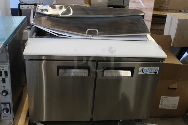 BRAND NEW SCRATCH AND DENT! 2023 Avantco 178APT48HC Stainless Steel Commercial Sandwich Salad Prep Table Bain Marie Mega Top on Commercial Casters. 115 Volts, 1 Phase. Tested and Working! - Image 2 of 8
