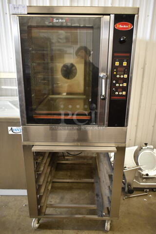 2018 Sun-Mate SCVE-6C-ST Stainless Steel Commercial Natural Gas Powered Convection Oven on Pan Rack w/ Commercial Casters. 110 Volts, 1 Phase.
