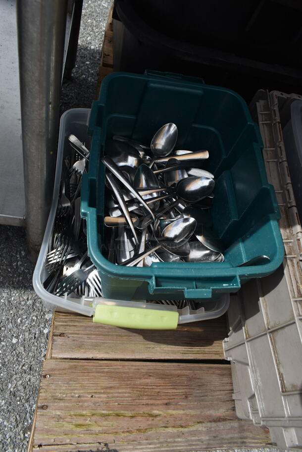 PALLET LOT of Poly Bins and Contents Including Spoons, Forks, and Glasses - Image 2 of 8
