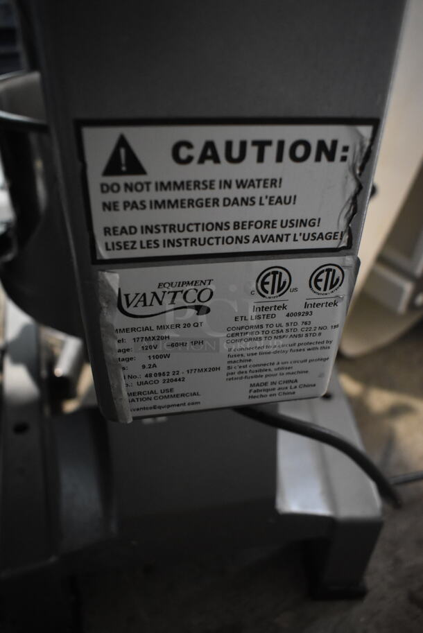 Avantco 177MX20H Metal Commercial Countertop 20 Quart Planetary Dough Mixer w/ Stainless Steel Mixing Bowl, Bowl Guard, Whisk and 2 Paddle Attachments. 120 Volts, 1 Phase. Tested and Working! - Image 7 of 7