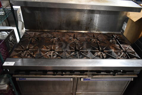 Garland SunFire S-10-2626 Stainless Steel Commercial Propane Gas Powered 10 Burner Range w/ 2 Ovens, Back Splash and Over Shelf. 