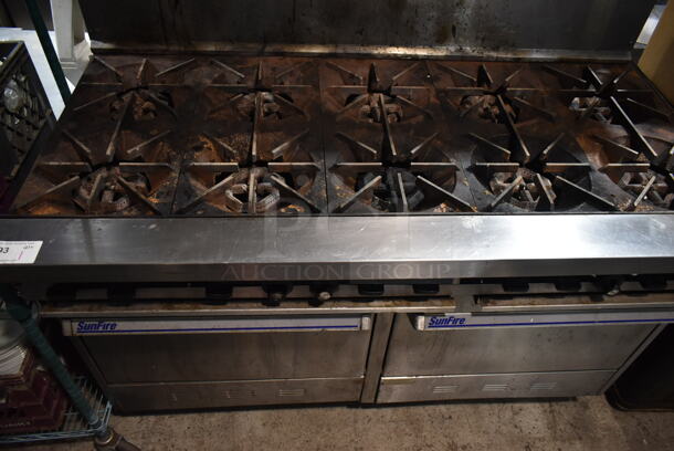Garland SunFire S-10-2626 Stainless Steel Commercial Propane Gas Powered 10 Burner Range w/ 2 Ovens, Back Splash and Over Shelf.  - Image 2 of 7