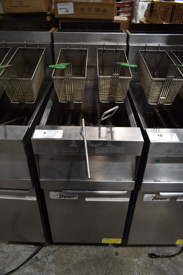 2017 Dean D150GNTS Stainless Steel Commercial Floor Style Natural Gas Powered Deep Fat Fryer w/ 2 Metal Fry Baskets on Commercial Casters. 120,000 BTU.  - Image 1 of 6