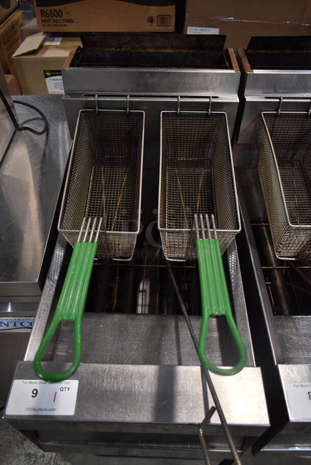 2016 Dean D150GNTS Stainless Steel Commercial Floor Style Natural Gas Powered Deep Fat Fryer w/ 2 Metal Fry Baskets on Commercial Casters. 120,000 BTU.  - Image 2 of 6
