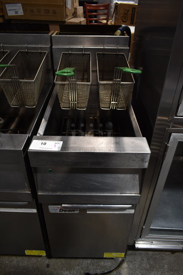 2017 Dean D150GNTS Stainless Steel Commercial Floor Style Natural Gas Powered Deep Fat Fryer w/ 2 Metal Fry Baskets on Commercial Casters. 120,000 BTU.  - Image 1 of 6