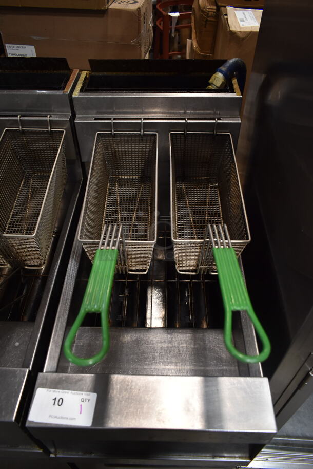2017 Dean D150GNTS Stainless Steel Commercial Floor Style Natural Gas Powered Deep Fat Fryer w/ 2 Metal Fry Baskets on Commercial Casters. 120,000 BTU.  - Image 2 of 6