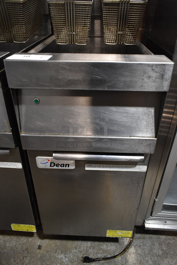 2017 Dean D150GNTS Stainless Steel Commercial Floor Style Natural Gas Powered Deep Fat Fryer w/ 2 Metal Fry Baskets on Commercial Casters. 120,000 BTU.  - Image 4 of 6