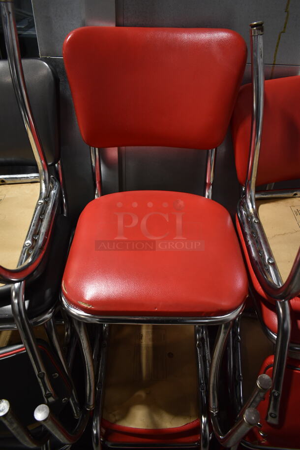 18 Chrome Finish Metal Dining Height Chairs; Black or Read Seat Cushions. 18 Times Your Bid! - Image 3 of 5