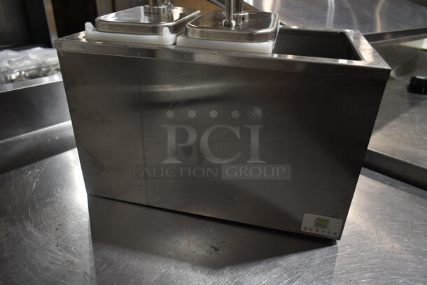 Server SR-3 Stainless Steel Commercial Countertop Topping Rail w/ 2 Bins and 2 Pumps.  - Image 5 of 6